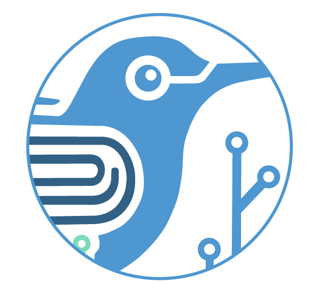 Michael Stilmant's secondary logo of a hummingbird head and flowers in a connected version, all surrounded by a circle - predominantly blue and green