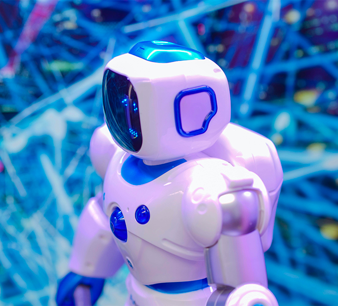 Photo of a robot in profile with technology decor, predominance of blue color